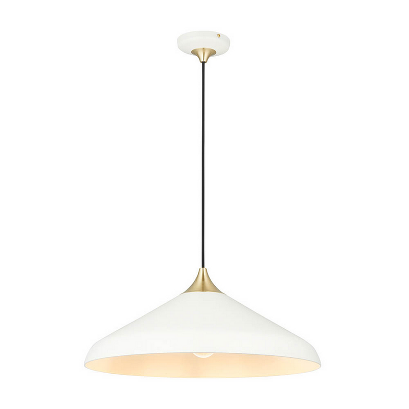 A wide, softly curved white dome pendant with warm brass detailing and a slim black suspension rod.