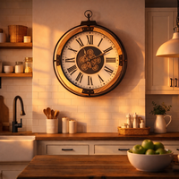 Decorative wall clock in a kitchen with wooden counter and apples.