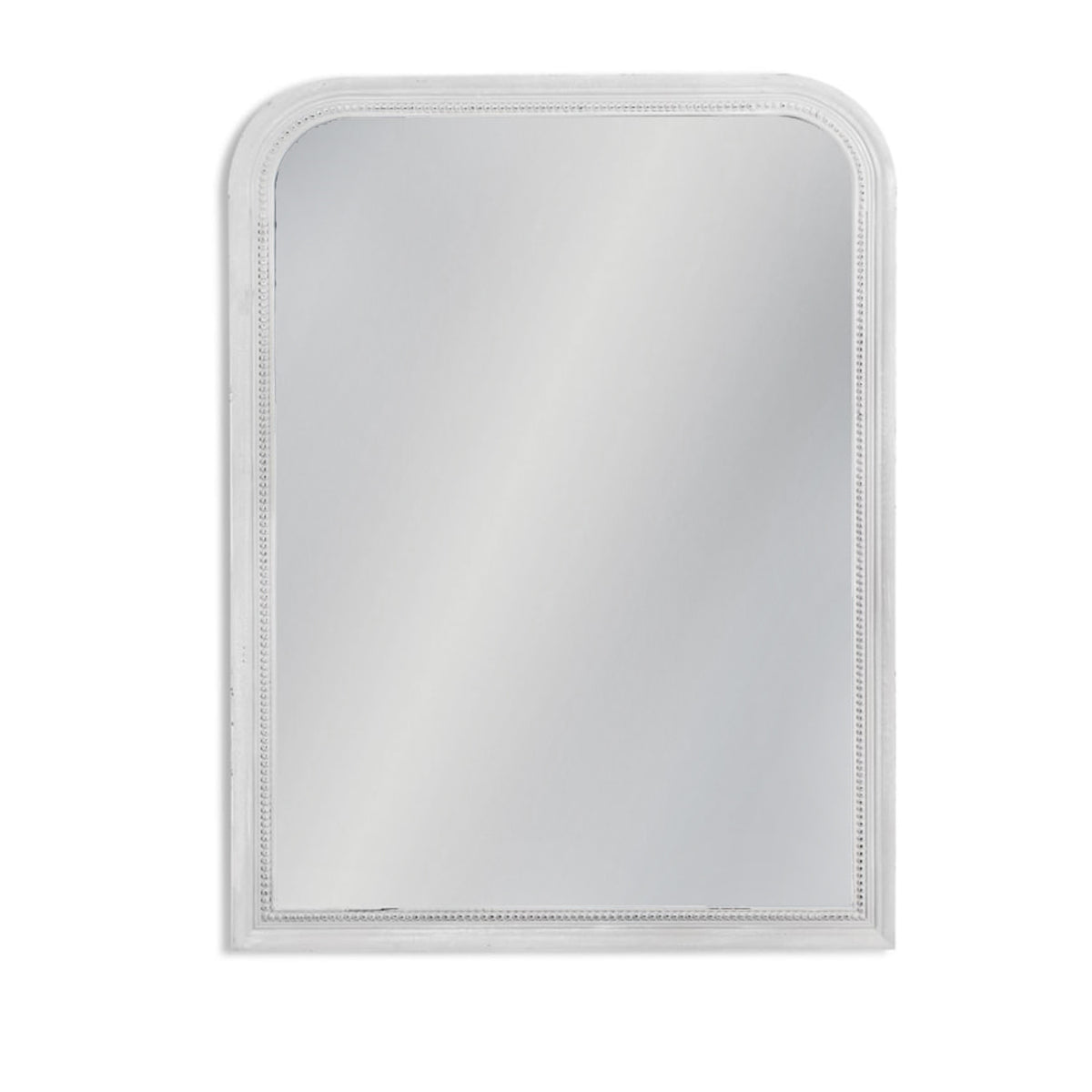 Arched white vintage beaded mirror on a plain background.