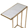 Modern side table with a white marble top and brushed gold metal frame, designed to slide under a sofa. Perfect for compact spaces and stylish decor.