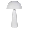 A modern white metal table lamp with a minimalist design. The lamp has a dome-shaped shade that gives it a sleek, contemporary look, resembling a mushroom silhouette. 