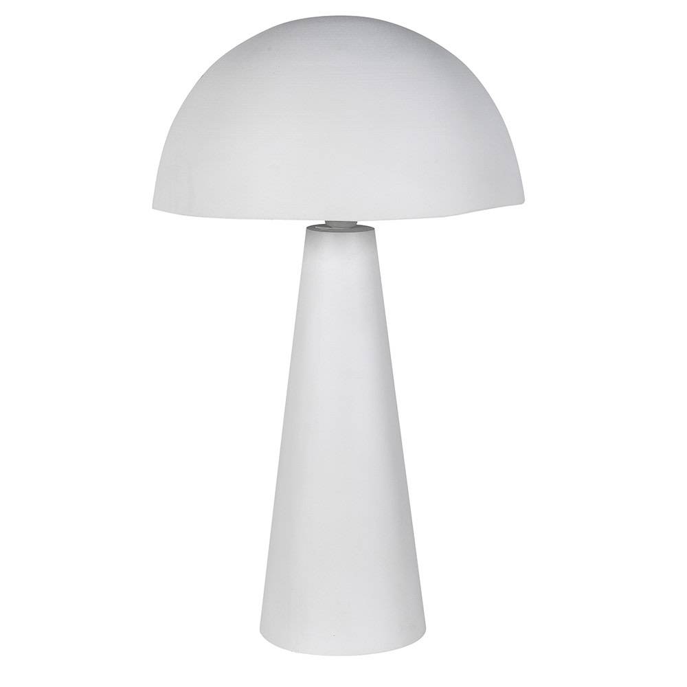 A modern white metal table lamp with a minimalist design. The lamp has a dome-shaped shade that gives it a sleek, contemporary look, resembling a mushroom silhouette. 