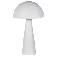 A modern white metal table lamp with a minimalist design. The lamp has a dome-shaped shade that gives it a sleek, contemporary look, resembling a mushroom silhouette. 