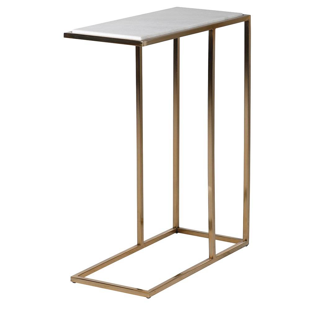 Modern side table with a white marble top and brushed gold metal legs, designed to slide under a sofa. Compact and stylish, perfect for saving space.