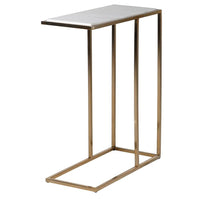 Modern side table with a white marble top and brushed gold metal legs, designed to slide under a sofa. Compact and stylish, perfect for saving space.