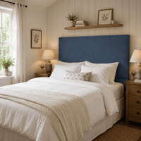 Blue velvet headboard for small double bed in cozy bedroom