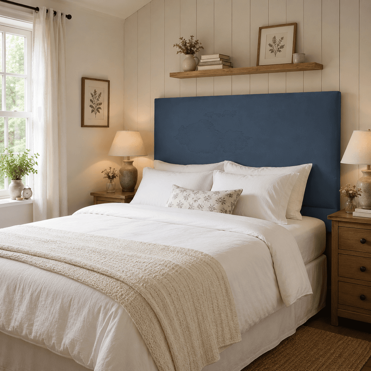 Blue velvet headboard for small double bed in cozy bedroom
