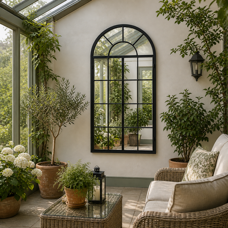 Arched black, open-door style window mirror in a conservatory with outdoor furniture. 