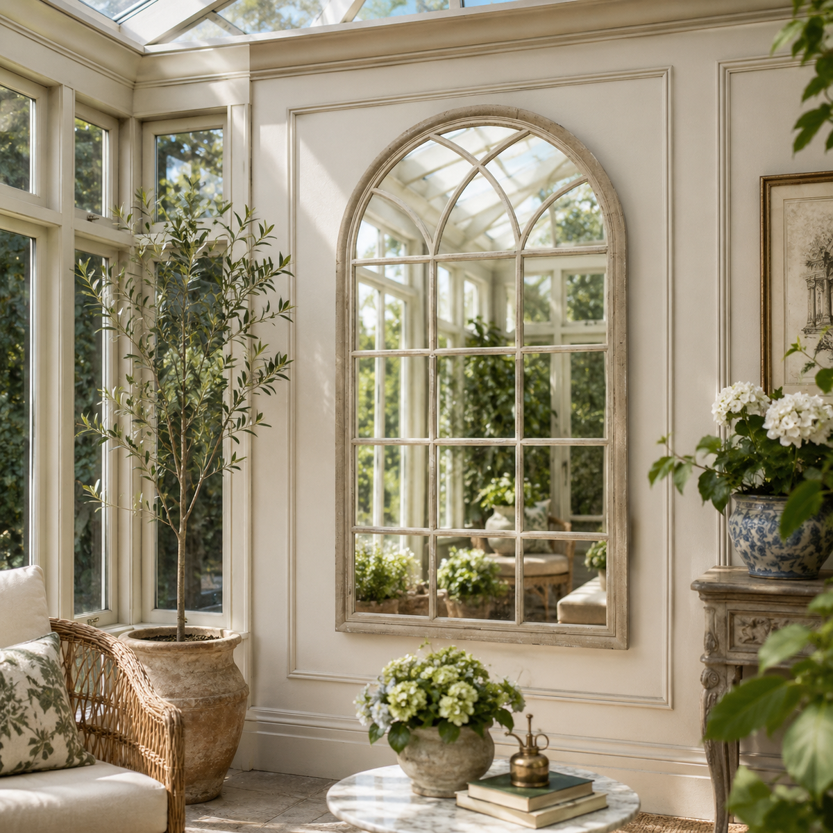 Decorative interior with a large mirror, plants, and a wicker chair.