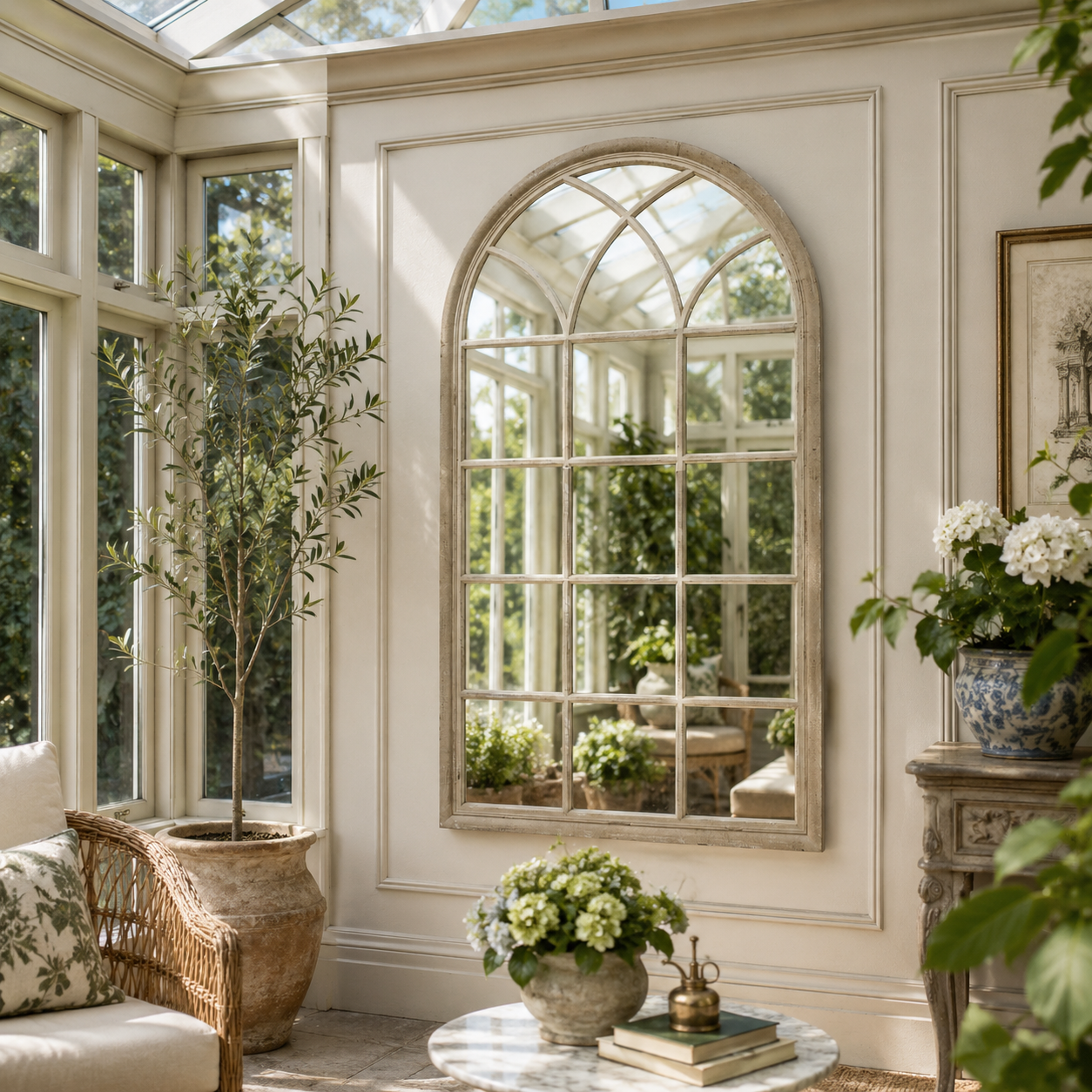 Decorative interior with a large mirror, plants, and a wicker chair.