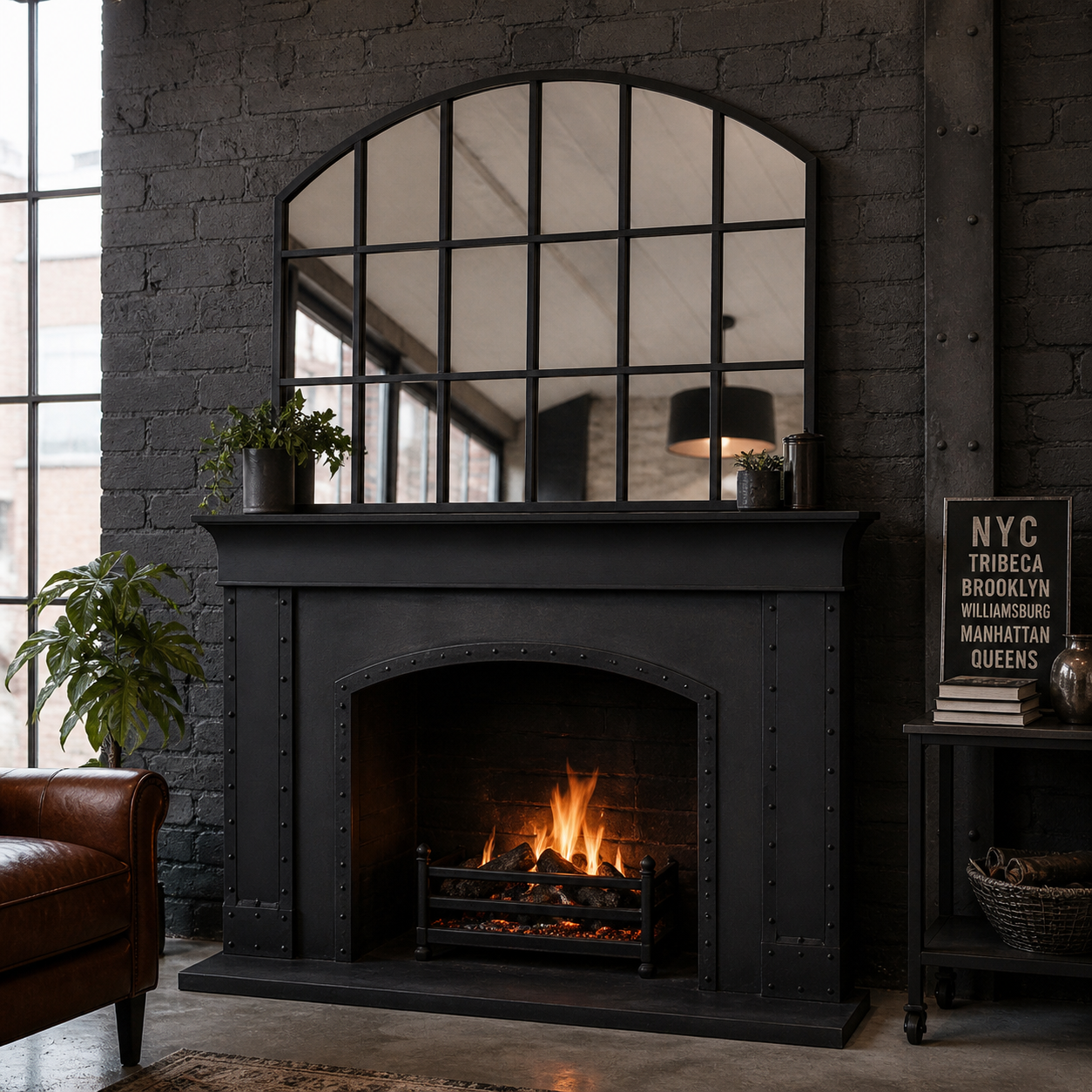 Dark stone fireplace with a large mirror above it in a room with a leather sofa and decorative items.