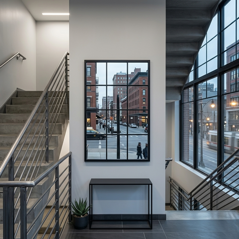 Modern interior with staircase, mirror, and large window