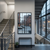 Modern interior with staircase, mirror, and large window