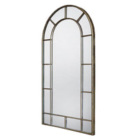 Bronze arched window mirror on a white background.