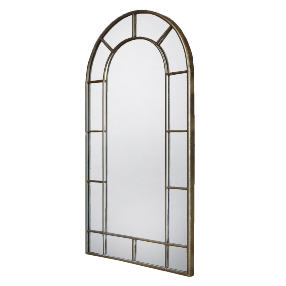Bronze arched window mirror on a white background.