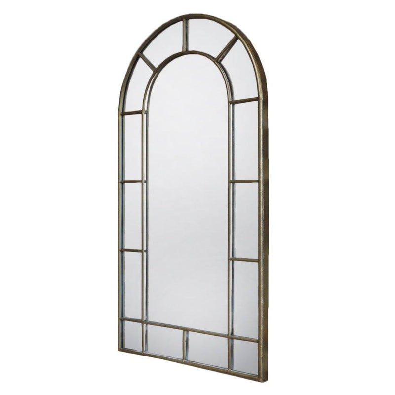 Bronze arched window mirror on a white background.