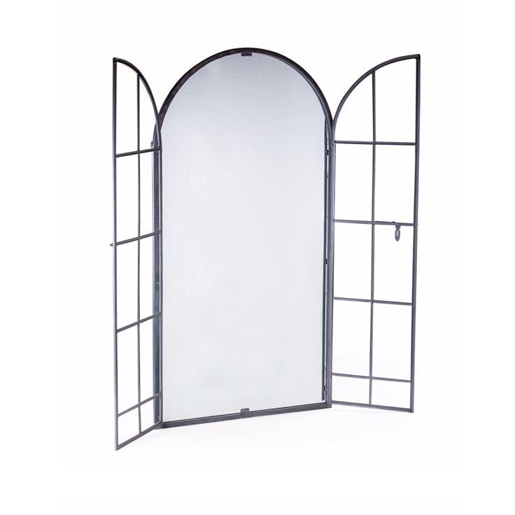 Grey arched window mirror showing the 'open door feature', on a plain white background.