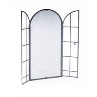 Grey arched window mirror showing the 'open door feature', on a plain white background.