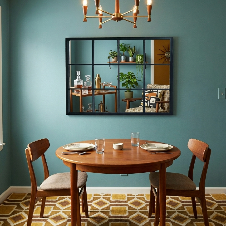 Dining room with wooden table and chairs against a teal wall, featuring a mirror.