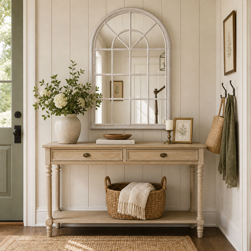 Arched white window mirror in hall setting over a wooden console.