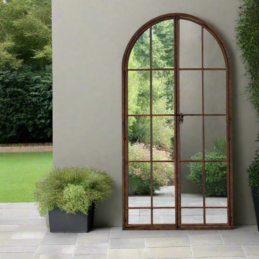 Window mirror in the form of an arched door with an opening latch in an antiqued bronze finish. A statement mirror whether in a garden, patio or in your house this mirror is spectacular
