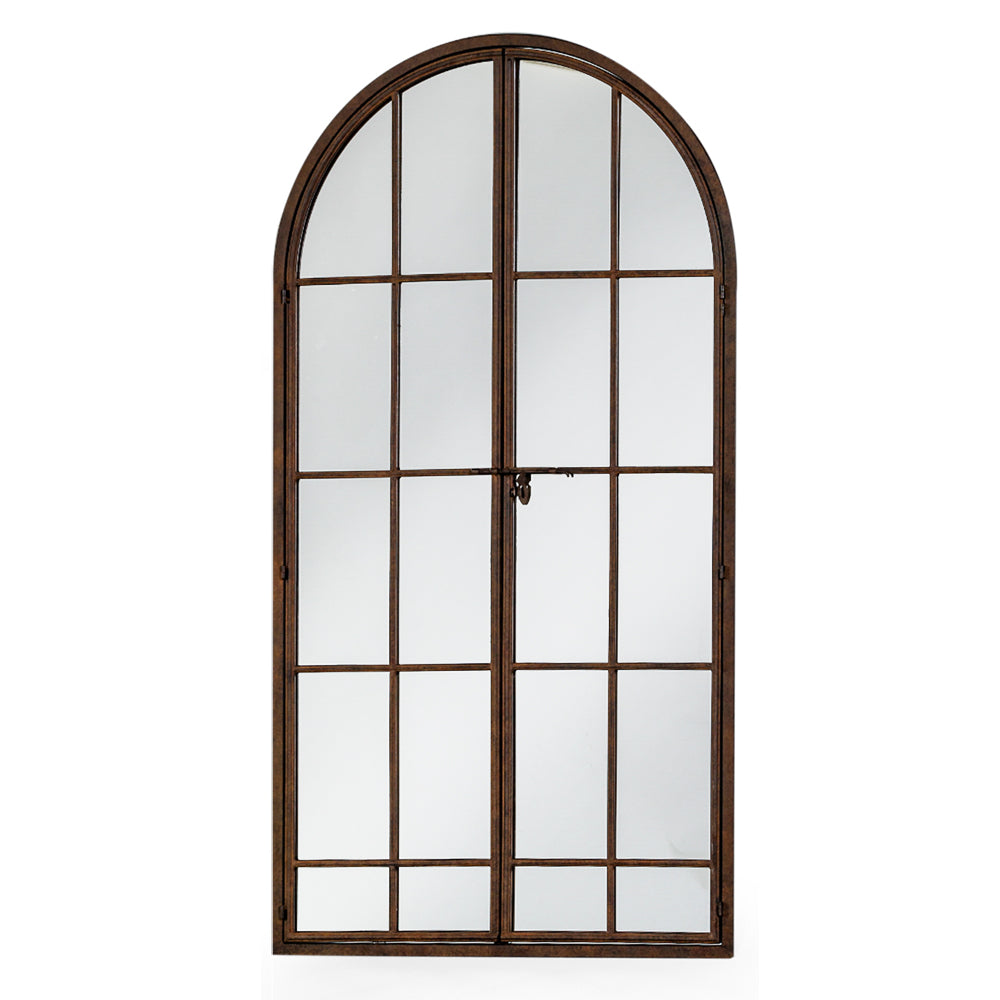 Tall arched window mirror with latch to open as two doors