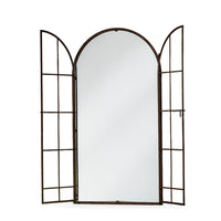 Tall arched window mirror with two doors attached by a latch, image with the doors wide open.