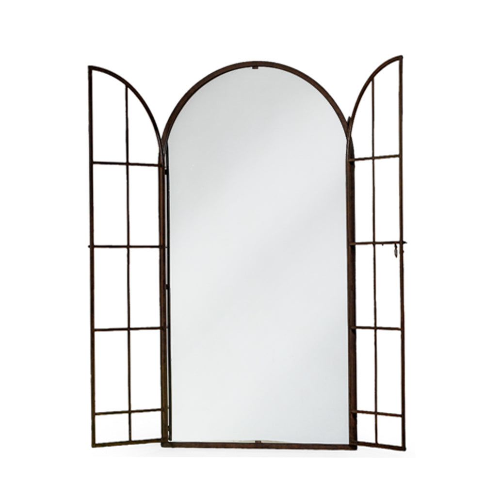 Tall arched window mirror with two doors attached by a latch, image with the doors wide open.