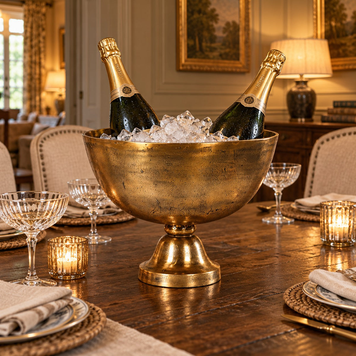 A large gold pedestal ice bucket filled with crushed ice on a wooden dining table, with two champagne bottles placed inside. The setting includes wine glasses, lit candles and upholstered chairs in a warmly lit dining room.