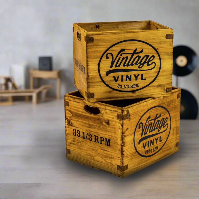 Vinyl record crates with Vintage inscription. Two different sizes perfect for your vinyl collection or anything else you wish to store in these vintage style boxes.
Wooden crates can serve as stylish and functional storage solutions for organizing items like books, office supplies, or tools.
