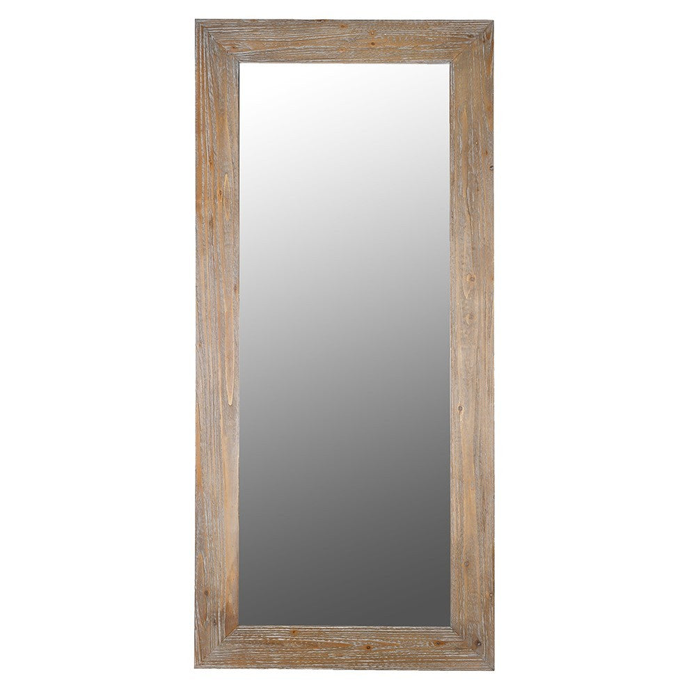 A tall, narrow rectangular wall mirror with a rustic, weathered wood frame in a light brown and beige finish, shown against a plain white background.