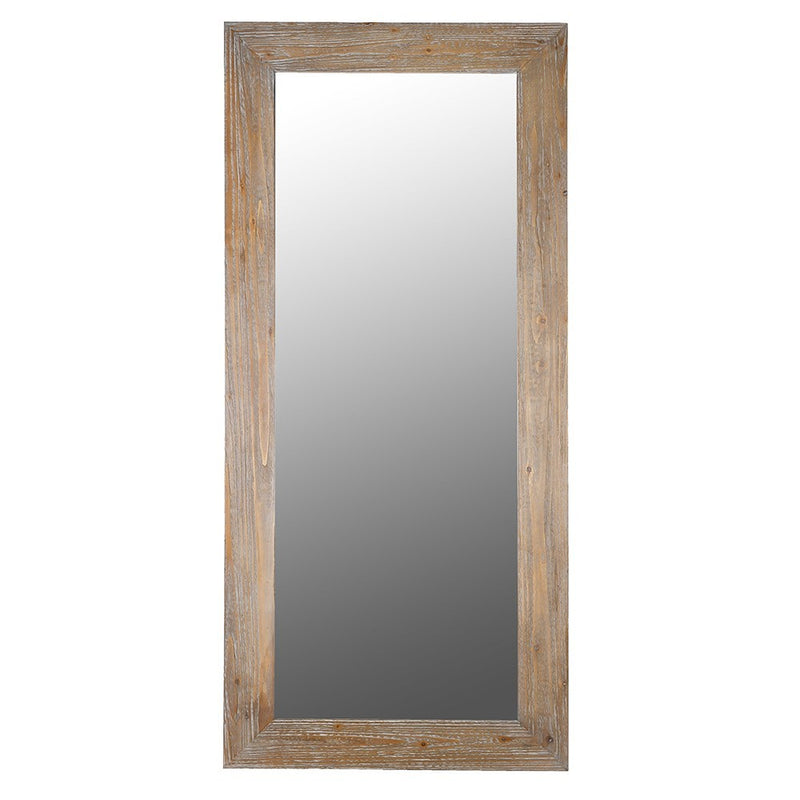 A tall, narrow rectangular wall mirror with a rustic, weathered wood frame in a light brown and beige finish, shown against a plain white background.