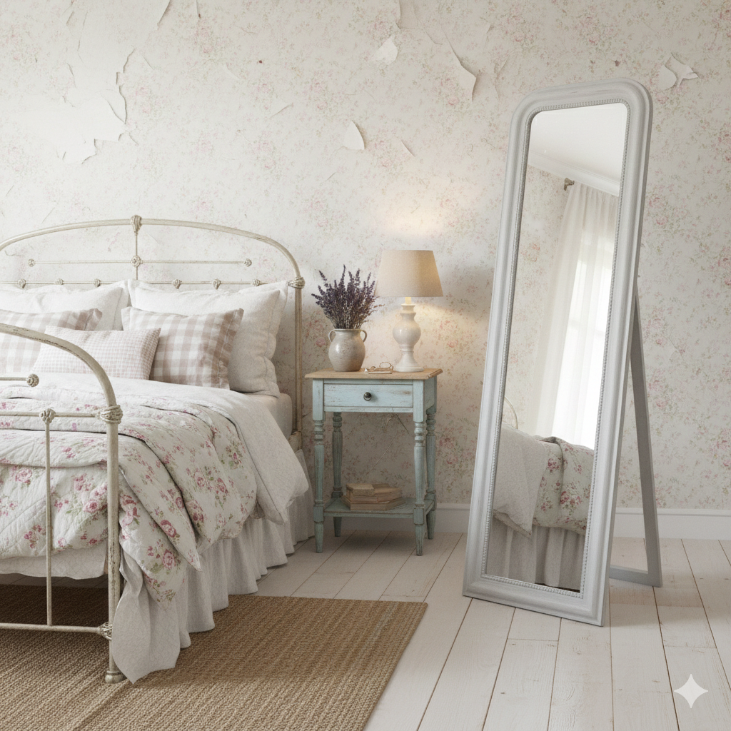 Grey standing mirror situated in a distressed Scandi style bedroom, with beds, bedside and lamp.