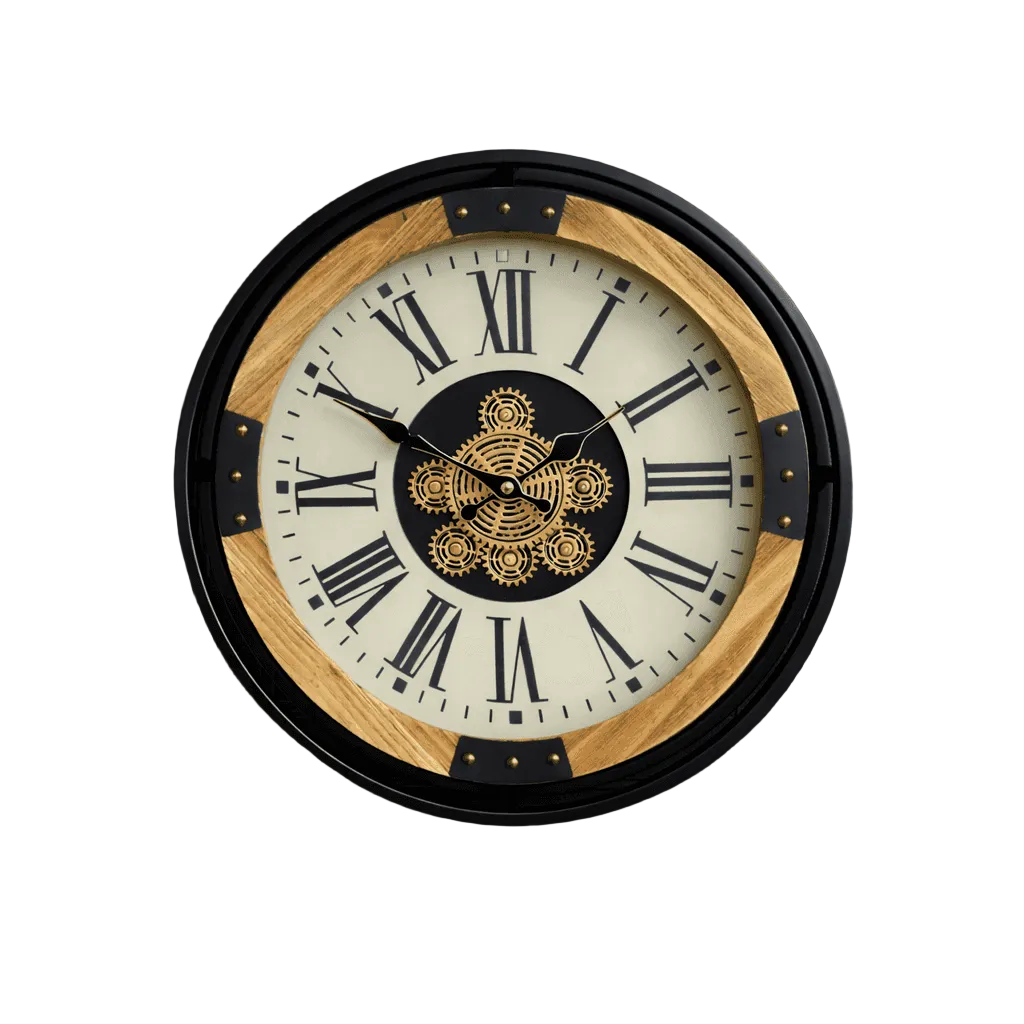 industrial wall clock with exposed moving gears, black metal frame, wood accents, and Roman numeral dial mounted on a dark paneled wall.