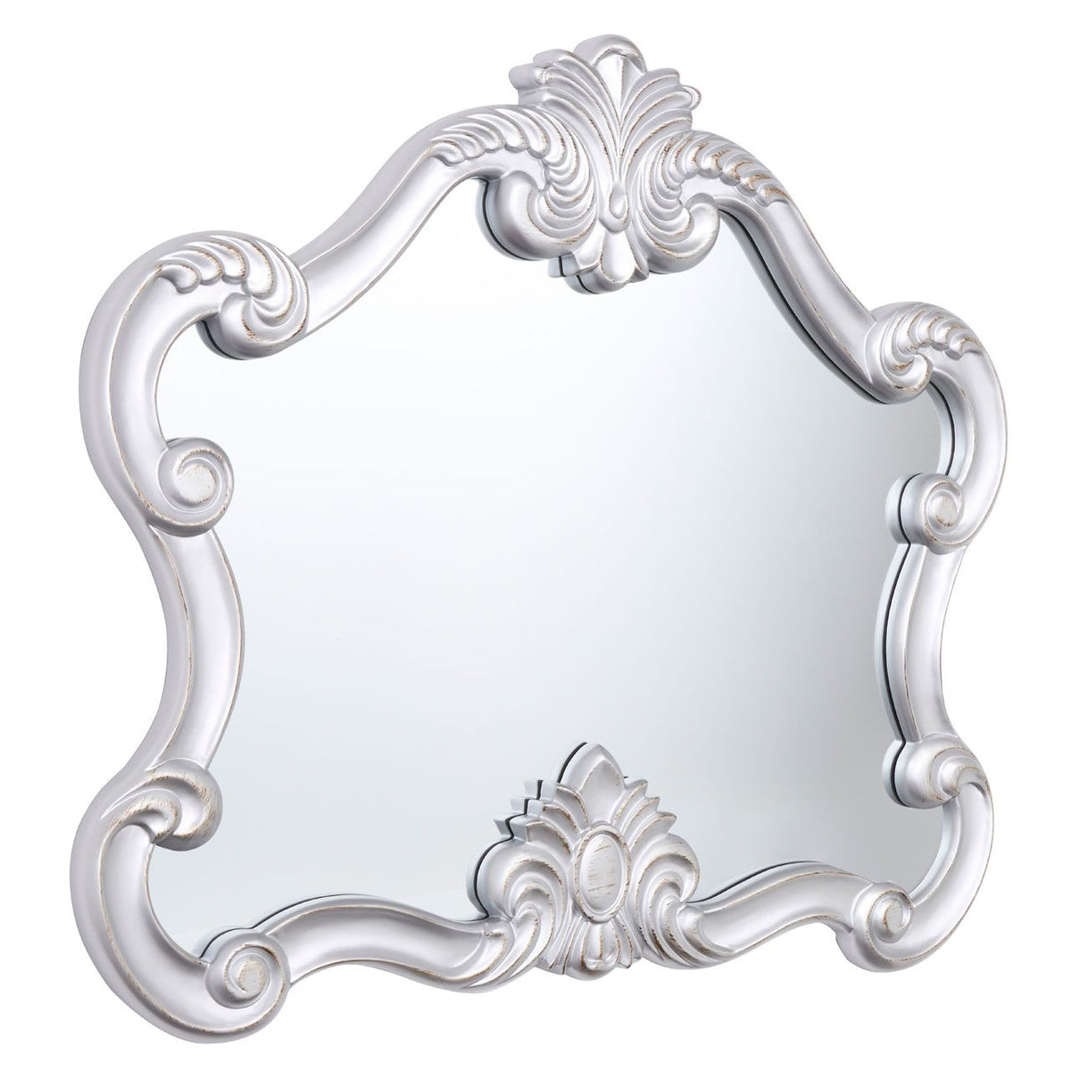 Stunningly decorative, silver ornate overmantle with curved ornate frame.