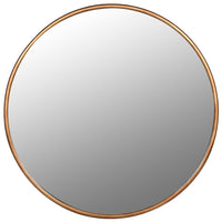 A supersized statement circular mirror finished in an antique brushed gold gilt solid metal frame.  This beautiful mirror is stunning for it's simplicity, and maximum glass effect.  It illuminates the space while softening sharp corner edges resulting in a light airy feel to any room. 