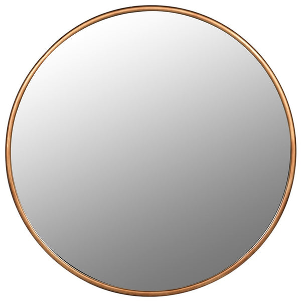 A supersized statement circular mirror finished in an antique brushed gold gilt solid metal frame.  This beautiful mirror is stunning for it's simplicity, and maximum glass effect.  It illuminates the space while softening sharp corner edges resulting in a light airy feel to any room. 
