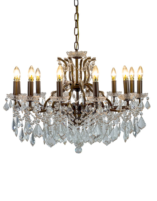 Large 12 branch bronze metal based chandelier with a mass of crystal drops.