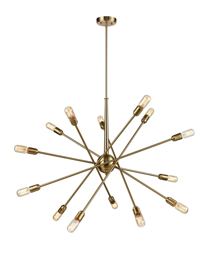 Sputnik style 14 light pendant on Old Gold metal frame, the height of this sputnik shaped light can be altered with the help of 3 rods which are supplied.   H: 90 cm (Min) 210 cm (Max)&nbsp; W: 113 cm. (3 extra rods supplied )