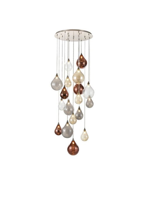Satin nickel finish pendant with 18 assorted glass pendants. These can be any mixture of the colours required.  The cable lengths are adjustable. 