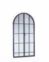 Window mirror in an antique grey metal finish with 2 doors latched in the front of the mirror.  Arched window mirrors, classic garden mirrors adding the illusion of light and space to the wall of any room.