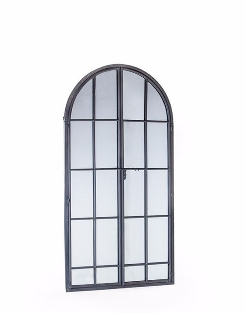 Window mirror in an antique grey metal finish with 2 doors latched in the front of the mirror.  Arched window mirrors, classic garden mirrors adding the illusion of light and space to the wall of any room.