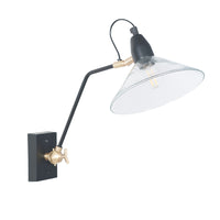 Glass and black metal long armed wall light with gilt accents to the arm. Open glass shade.