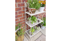 3 tier white folding shelf, great indoors or outdoors. With plants or books, this versatile little shelf can be placed anywhere, in any room, or folded neatly away when not in use.