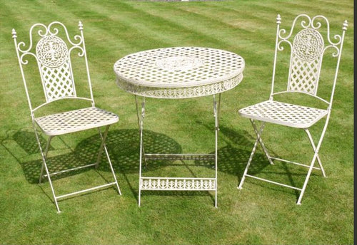 <p>3 piece folding, cream painted patio set with rust detail effect giving this garden furniture an authentic vintage vibe.<br></p> <p>Enjoy al fresco dining with this bistro set.<br></p> <p>H: 76 cm W: 63 cm.</p>