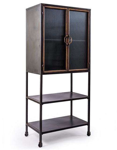 Perfect industrial piece, a tall cabinet in black with gilt accents to the front with 2 lower shelves, a striking addition to any room.