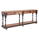 Extra long 4 drawer Elm and Black Metal Console Table with an Industrial feel.