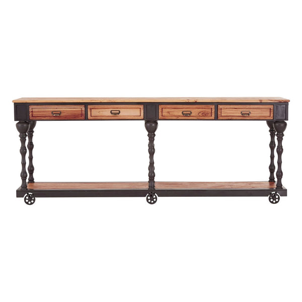 Extra long 4 drawer Elm and Black Metal Console Table with an Industrial feel.