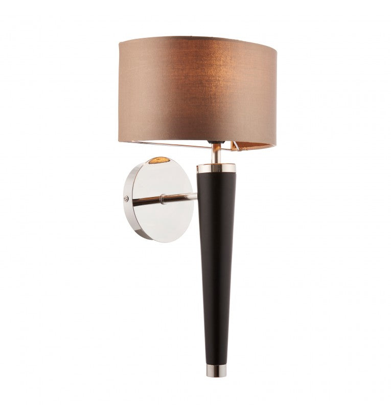 Small, elegant black and nickel wall light with half shade in mink faux silk shade&nbsp;