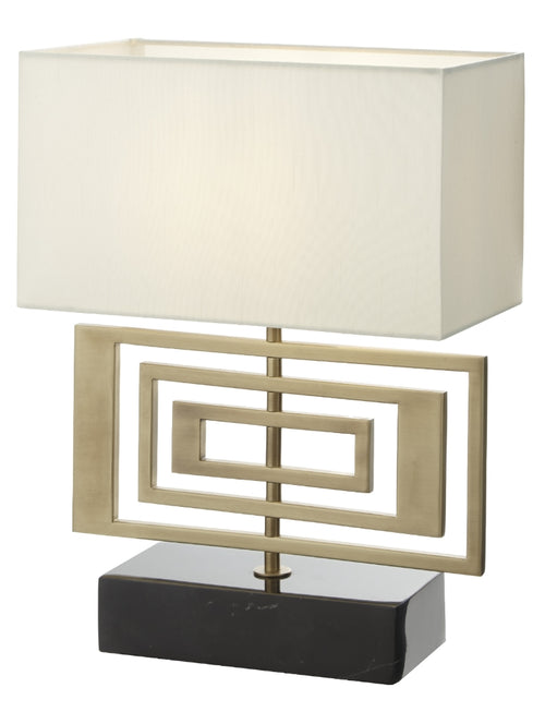 Stunning gilt metal geometric lamp base with rectangular shade. A luxurious statement light, a design accent in any room.